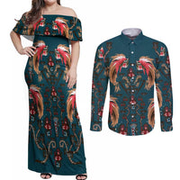 Dark Cyan Blue Bird of Batik Papua Couples Matching Off Shoulder Maxi Dress and Long Sleeve Button Shirt Exotic Natural Wealth of Papua LT9 Blue - Polynesian Pride