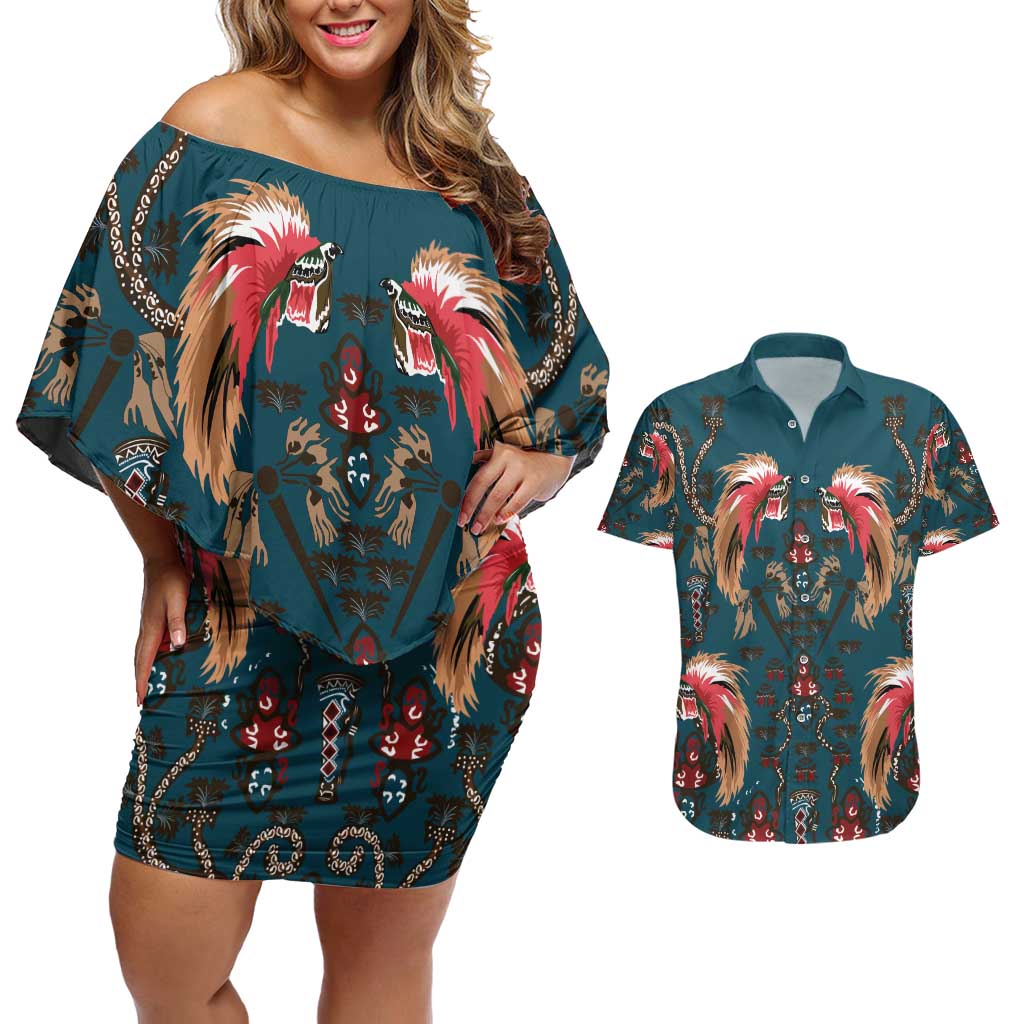 Dark Cyan Blue Bird of Batik Papua Couples Matching Off Shoulder Short Dress and Hawaiian Shirt Exotic Natural Wealth of Papua - Polynesian Pride