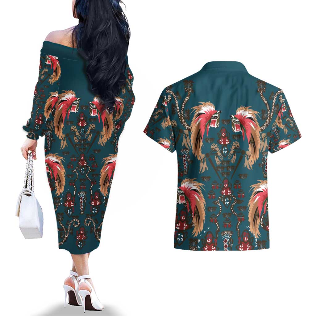 Dark Cyan Blue Bird of Batik Papua Couples Matching Off The Shoulder Long Sleeve Dress and Hawaiian Shirt Exotic Natural Wealth of Papua - Polynesian Pride