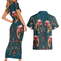 Dark Cyan Blue Bird of Batik Papua Couples Matching Short Sleeve Bodycon Dress and Hawaiian Shirt Exotic Natural Wealth of Papua - Polynesian Pride