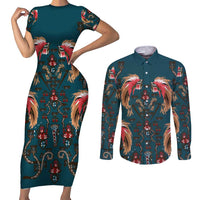 Dark Cyan Blue Bird of Batik Papua Couples Matching Short Sleeve Bodycon Dress and Long Sleeve Button Shirt Exotic Natural Wealth of Papua LT9 Blue - Polynesian Pride