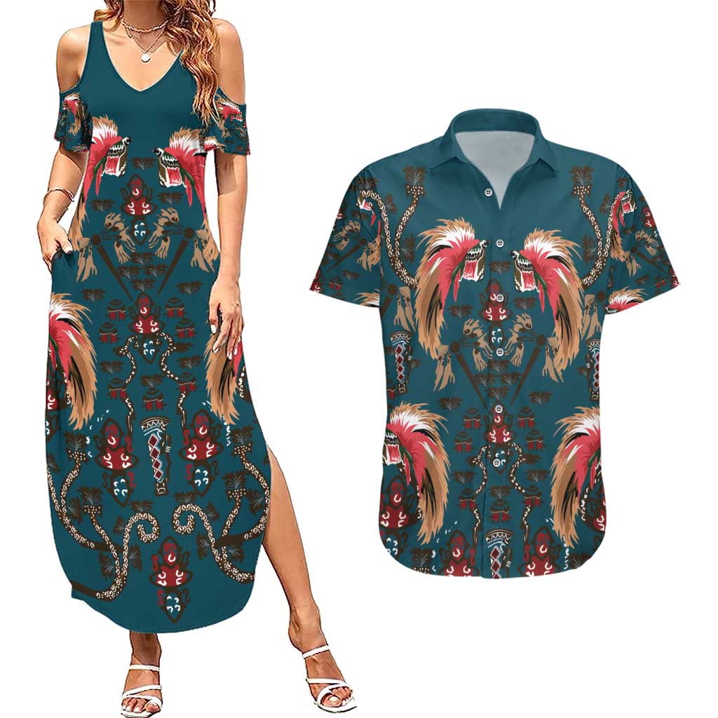 Dark Cyan Blue Bird of Batik Papua Couples Matching Summer Maxi Dress and Hawaiian Shirt Exotic Natural Wealth of Papua - Polynesian Pride