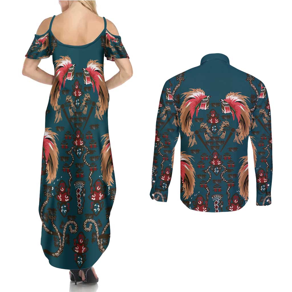 Dark Cyan Blue Bird of Batik Papua Couples Matching Summer Maxi Dress and Long Sleeve Button Shirt Exotic Natural Wealth of Papua LT9 - Polynesian Pride