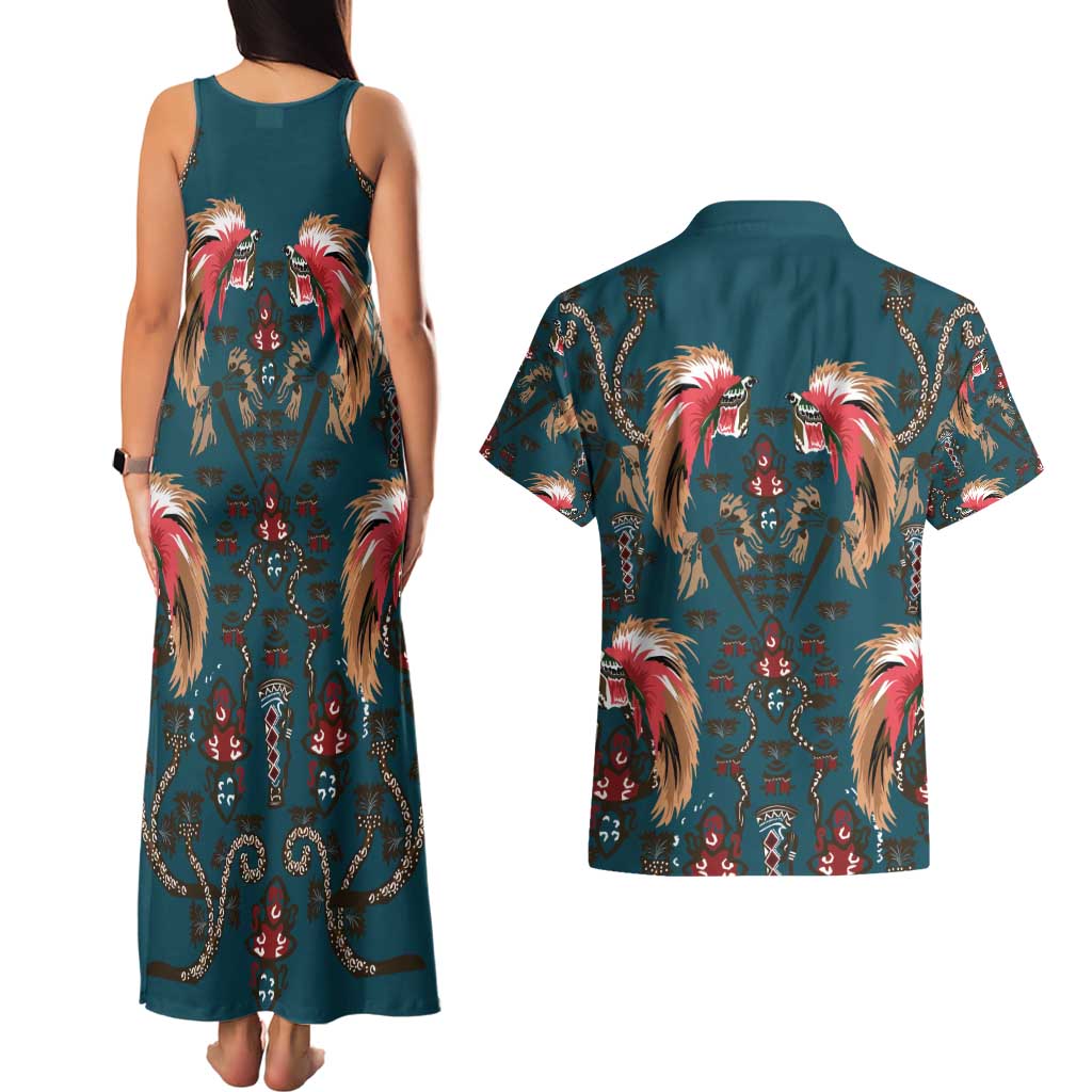 Dark Cyan Blue Bird of Batik Papua Couples Matching Tank Maxi Dress and Hawaiian Shirt Exotic Natural Wealth of Papua - Polynesian Pride