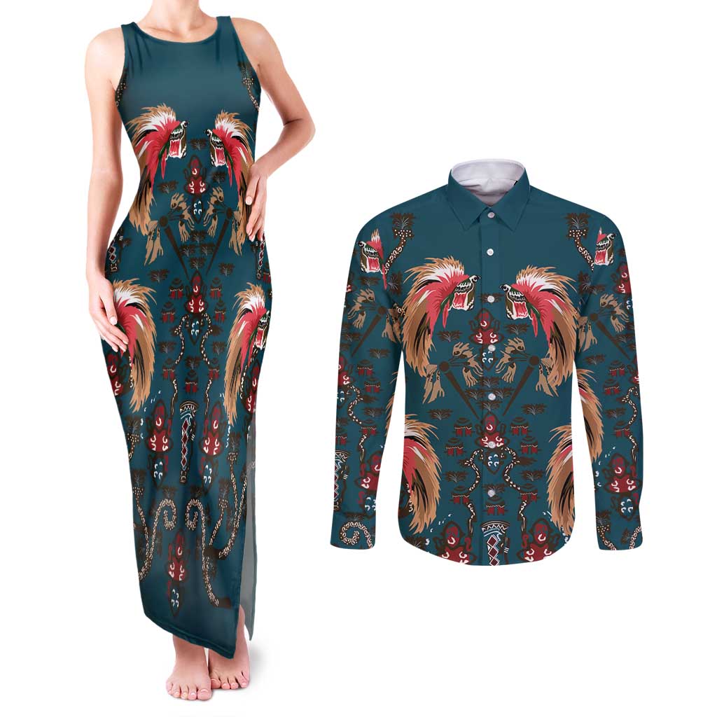 Dark Cyan Blue Bird of Batik Papua Couples Matching Tank Maxi Dress and Long Sleeve Button Shirt Exotic Natural Wealth of Papua LT9 Blue - Polynesian Pride