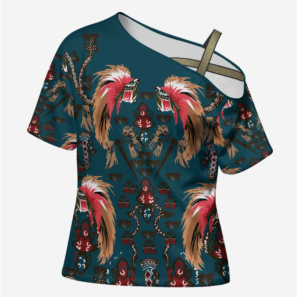Dark Cyan Blue Bird of Batik Papua Cross Shoulder Shirt Exotic Natural Wealth of Papua LT9 Female Blue - Polynesian Pride