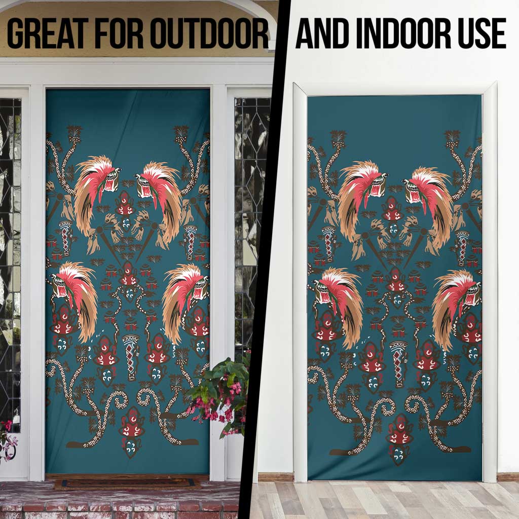 Dark Cyan Blue Bird of Batik Papua Door Cover Exotic Natural Wealth of Papua - Polynesian Pride