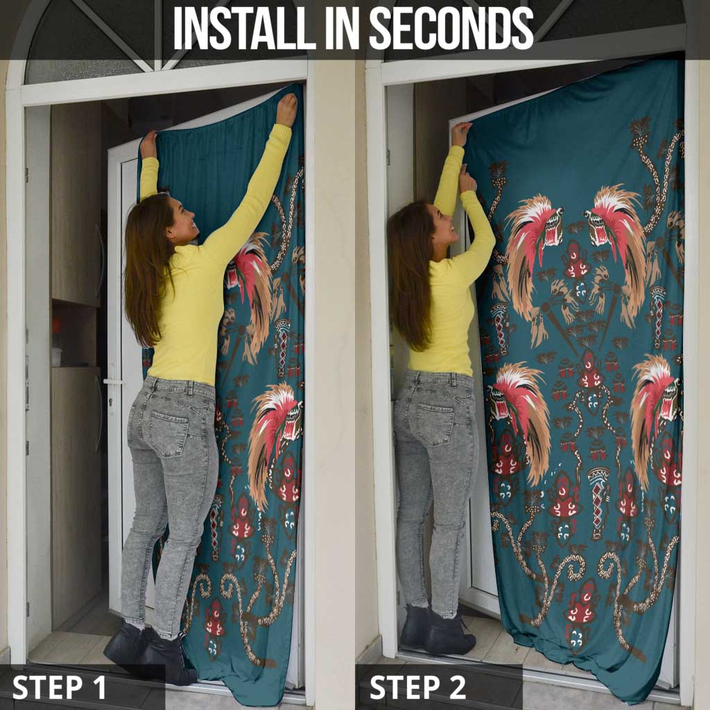 Dark Cyan Blue Bird of Batik Papua Door Cover Exotic Natural Wealth of Papua - Polynesian Pride