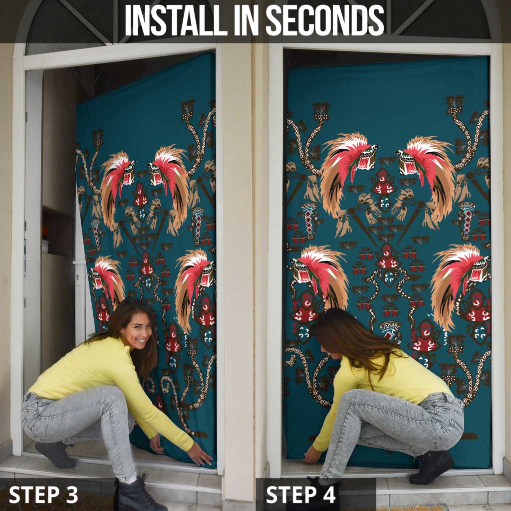 Dark Cyan Blue Bird of Batik Papua Door Cover Exotic Natural Wealth of Papua - Polynesian Pride