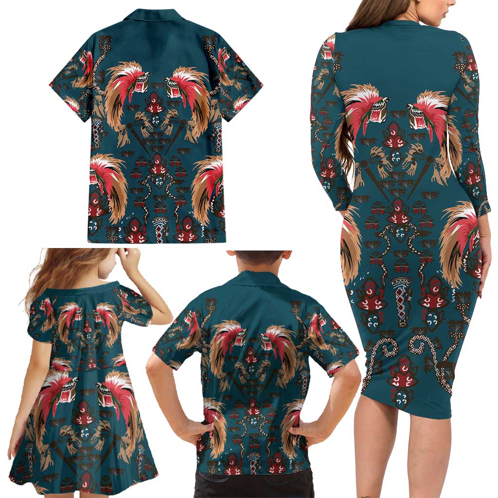 Dark Cyan Blue Bird of Batik Papua Family Matching Long Sleeve Bodycon Dress and Hawaiian Shirt Exotic Natural Wealth of Papua - Polynesian Pride