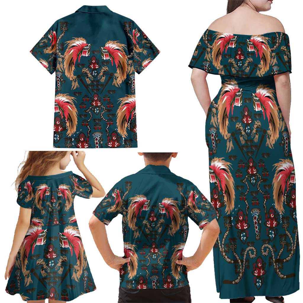 Dark Cyan Blue Bird of Batik Papua Family Matching Off Shoulder Maxi Dress and Hawaiian Shirt Exotic Natural Wealth of Papua - Polynesian Pride