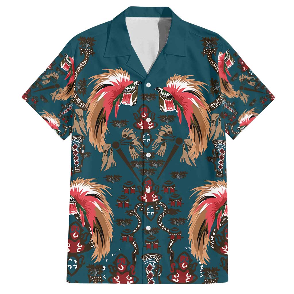 Dark Cyan Blue Bird of Batik Papua Family Matching Off Shoulder Short Dress and Hawaiian Shirt Exotic Natural Wealth of Papua - Polynesian Pride
