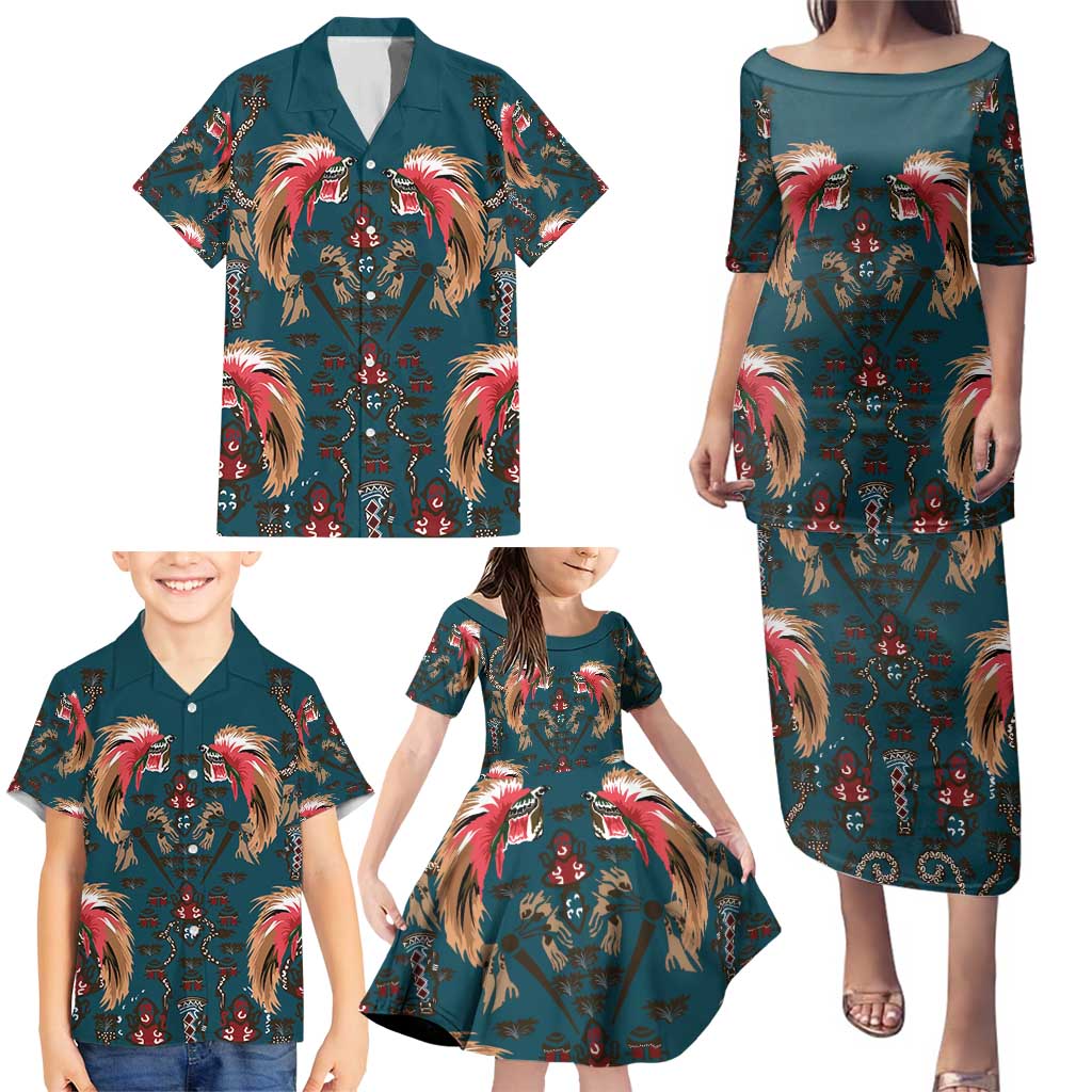 Dark Cyan Blue Bird of Batik Papua Family Matching Puletasi and Hawaiian Shirt Exotic Natural Wealth of Papua LT9 - Polynesian Pride