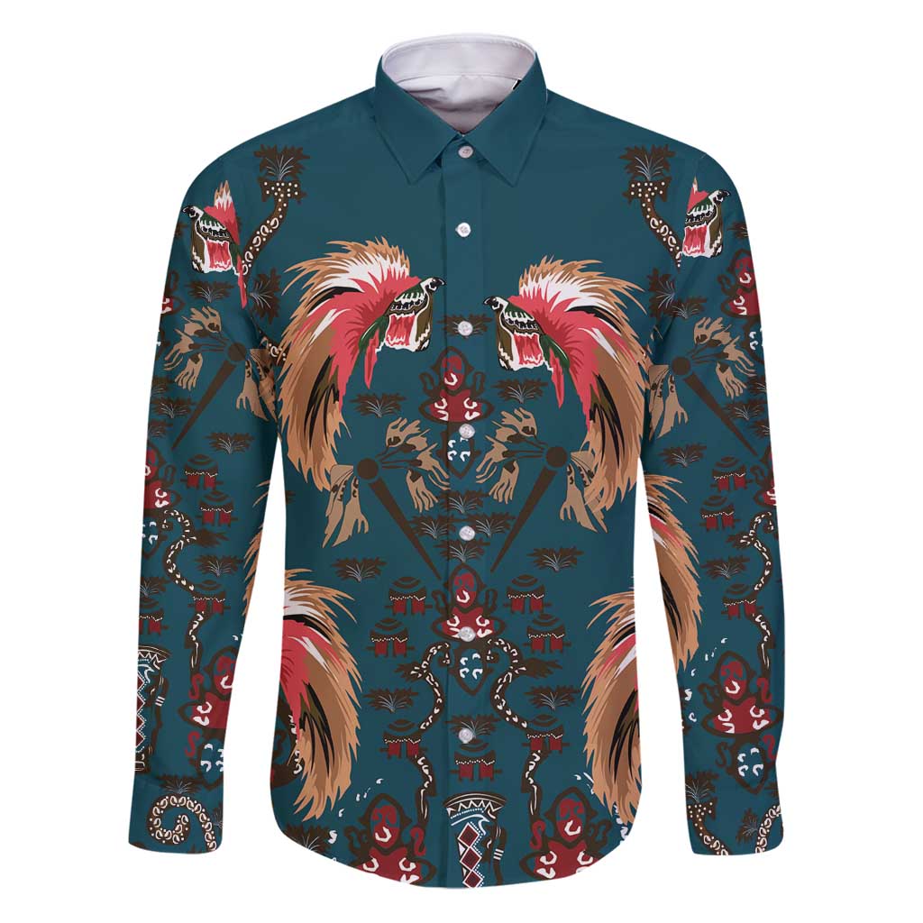 Dark Cyan Blue Bird of Batik Papua Family Matching Puletasi and Hawaiian Shirt Exotic Natural Wealth of Papua LT9 Dad's Shirt - Long Sleeve Blue - Polynesian Pride