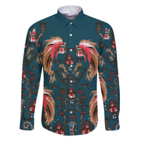 Dark Cyan Blue Bird of Batik Papua Family Matching Puletasi and Hawaiian Shirt Exotic Natural Wealth of Papua LT9 Dad's Shirt - Long Sleeve Blue - Polynesian Pride