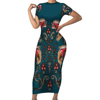 Dark Cyan Blue Bird of Batik Papua Family Matching Short Sleeve Bodycon Dress and Hawaiian Shirt Exotic Natural Wealth of Papua - Polynesian Pride