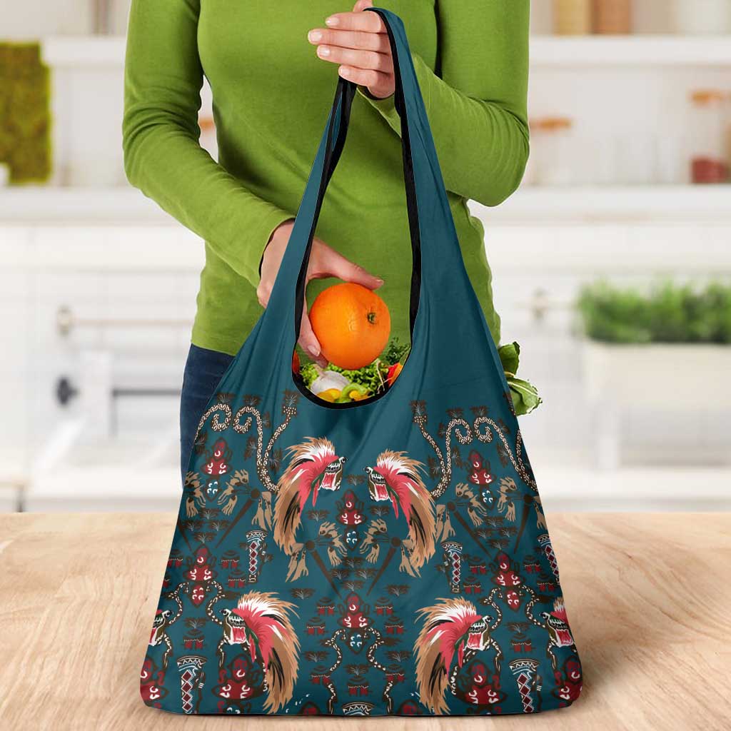 Dark Cyan Blue Bird of Batik Papua Grocery Bag Exotic Natural Wealth of Papua - Polynesian Pride