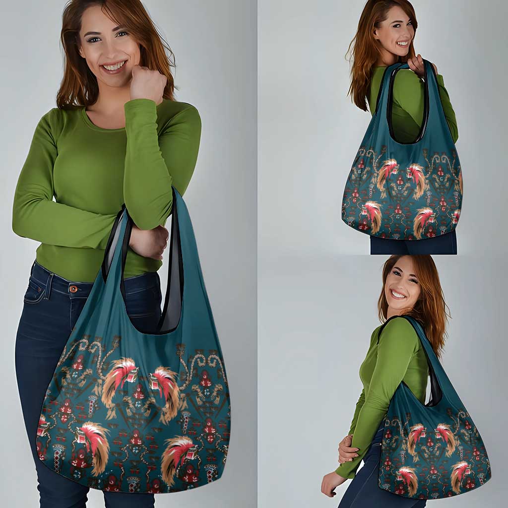 Dark Cyan Blue Bird of Batik Papua Grocery Bag Exotic Natural Wealth of Papua - Polynesian Pride
