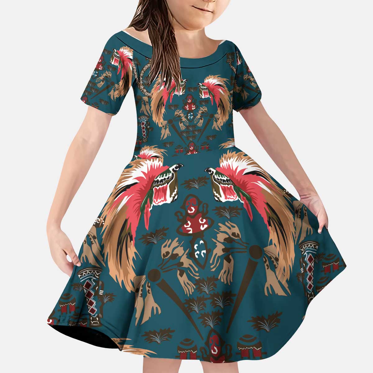 Dark Cyan Blue Bird of Batik Papua Kid Short Sleeve Dress Exotic Natural Wealth of Papua - Polynesian Pride