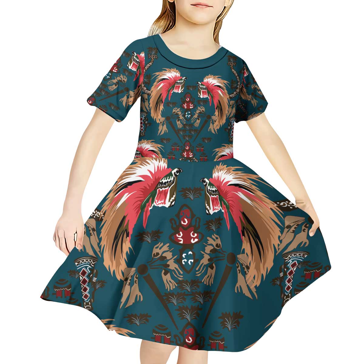 Dark Cyan Blue Bird of Batik Papua Kid Short Sleeve Dress Exotic Natural Wealth of Papua - Polynesian Pride