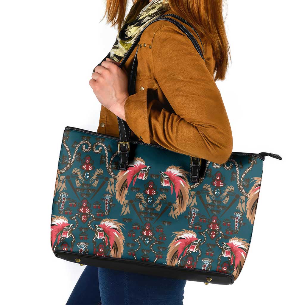 Dark Cyan Blue Bird of Batik Papua Leather Tote Bag Exotic Natural Wealth of Papua - Polynesian Pride