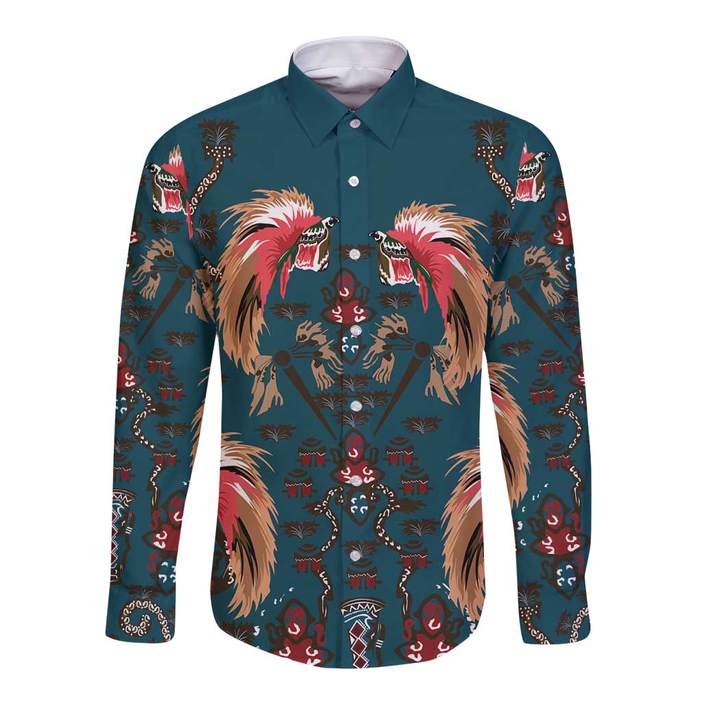 Dark Cyan Blue Bird of Batik Papua Long Sleeve Button Shirt Exotic Natural Wealth of Papua - Polynesian Pride