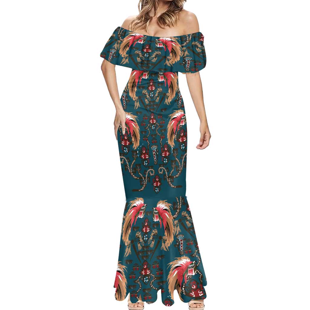 Dark Cyan Blue Bird of Batik Papua Mermaid Dress Exotic Natural Wealth of Papua - Polynesian Pride