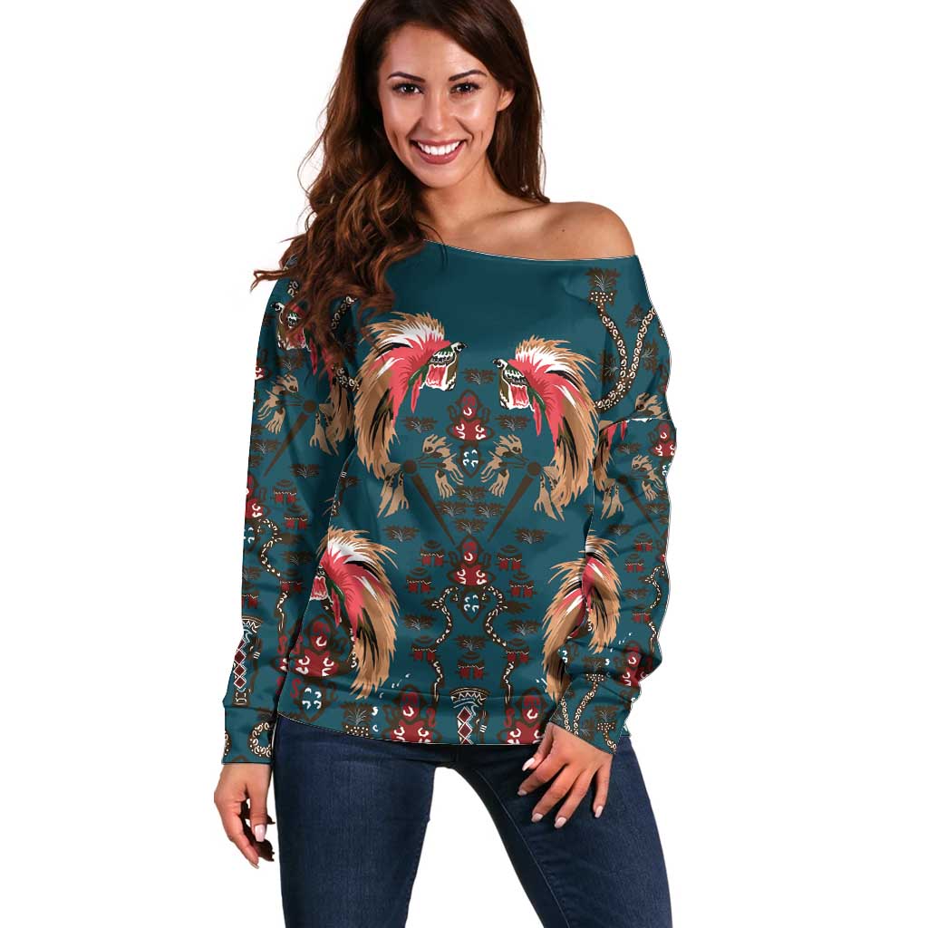 Dark Cyan Blue Bird of Batik Papua Off Shoulder Sweater Exotic Natural Wealth of Papua - Polynesian Pride