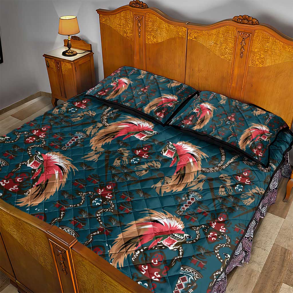 Dark Cyan Blue Bird of Batik Papua Quilt Bed Set Exotic Natural Wealth of Papua - Polynesian Pride