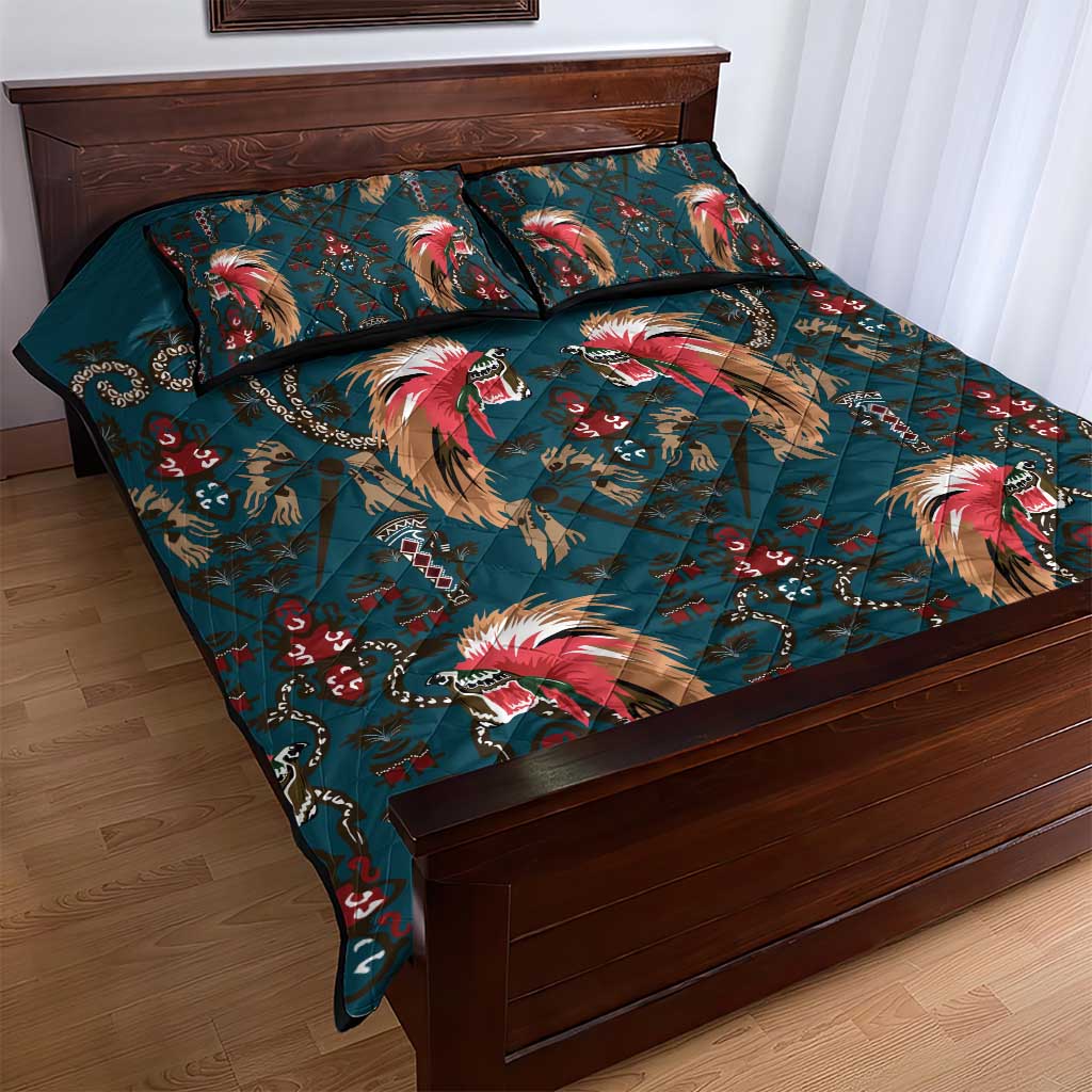 Dark Cyan Blue Bird of Batik Papua Quilt Bed Set Exotic Natural Wealth of Papua - Polynesian Pride