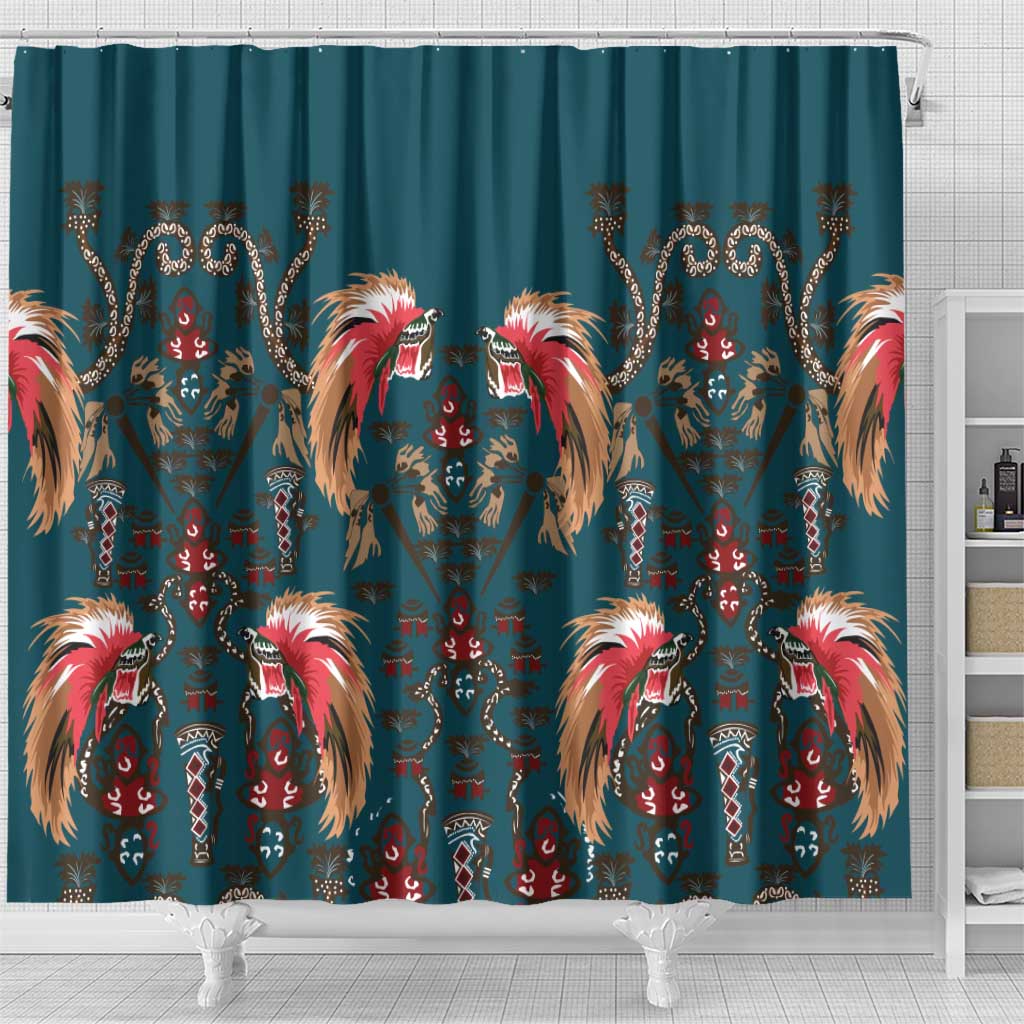Dark Cyan Blue Bird of Batik Papua Shower Curtain Exotic Natural Wealth of Papua - Polynesian Pride