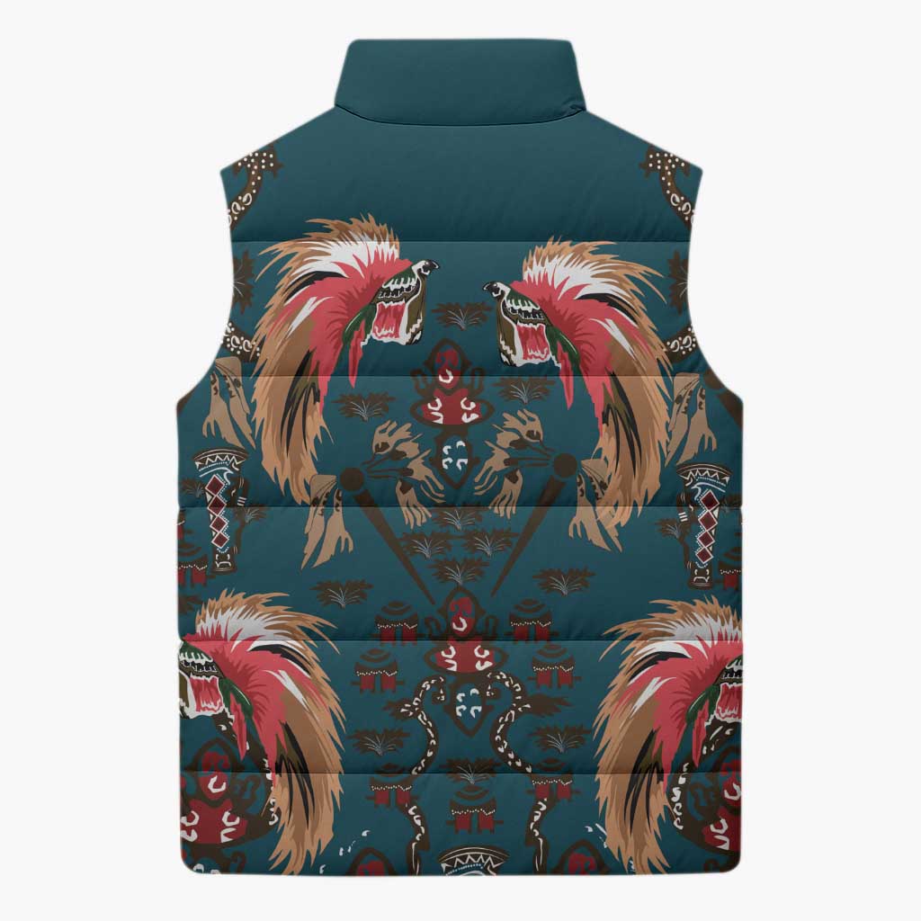 Dark Cyan Blue Bird of Batik Papua Sleeveless Puffer Jacket Exotic Natural Wealth of Papua - Polynesian Pride