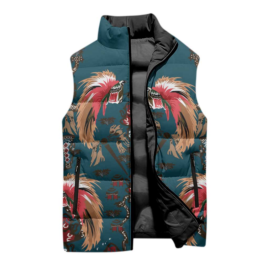 Dark Cyan Blue Bird of Batik Papua Sleeveless Puffer Jacket Exotic Natural Wealth of Papua - Polynesian Pride