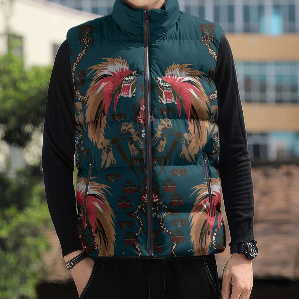 Dark Cyan Blue Bird of Batik Papua Sleeveless Puffer Jacket Exotic Natural Wealth of Papua - Polynesian Pride