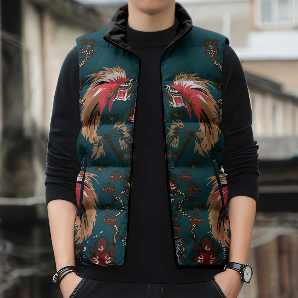 Dark Cyan Blue Bird of Batik Papua Sleeveless Puffer Jacket Exotic Natural Wealth of Papua - Polynesian Pride