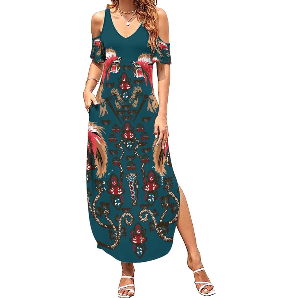 Dark Cyan Blue Bird of Batik Papua Summer Maxi Dress Exotic Natural Wealth of Papua - Polynesian Pride