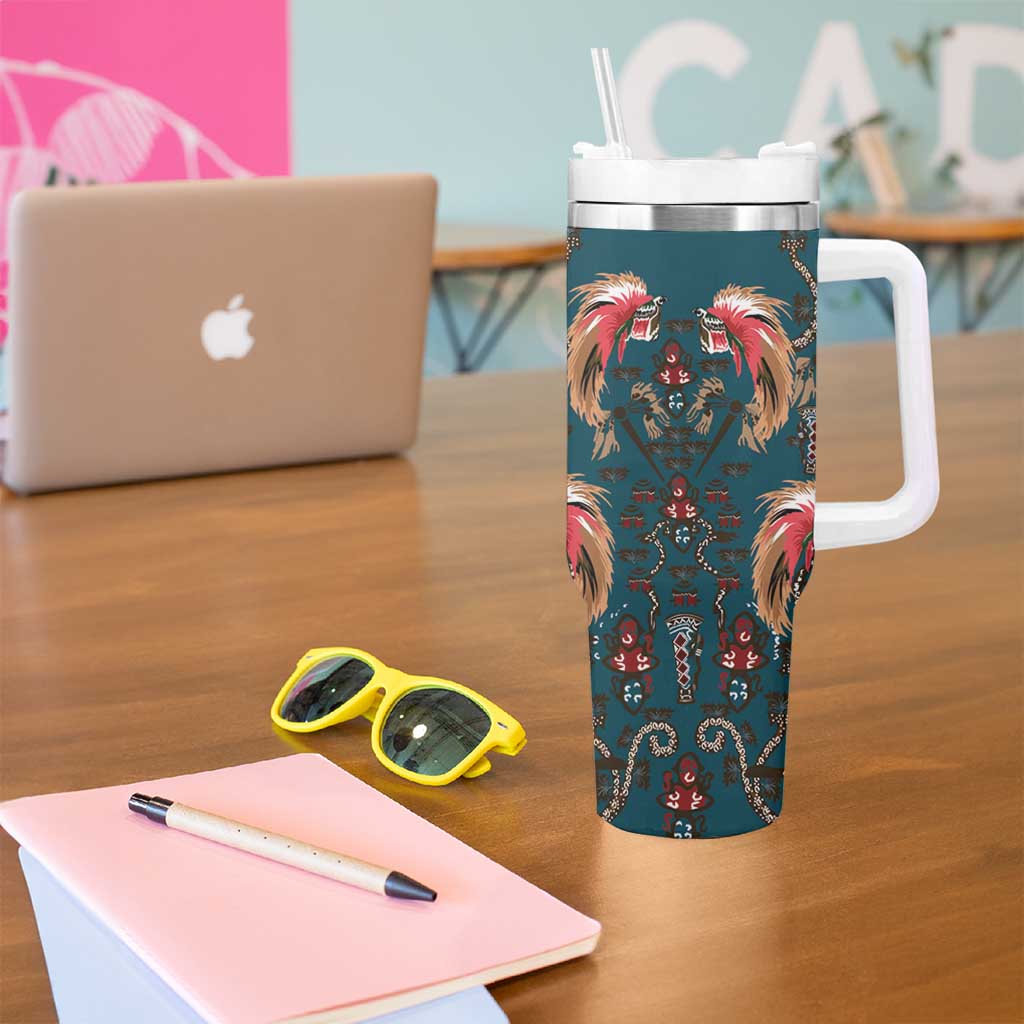 Dark Cyan Blue Bird of Batik Papua Tumbler With Handle Exotic Natural Wealth of Papua - Polynesian Pride