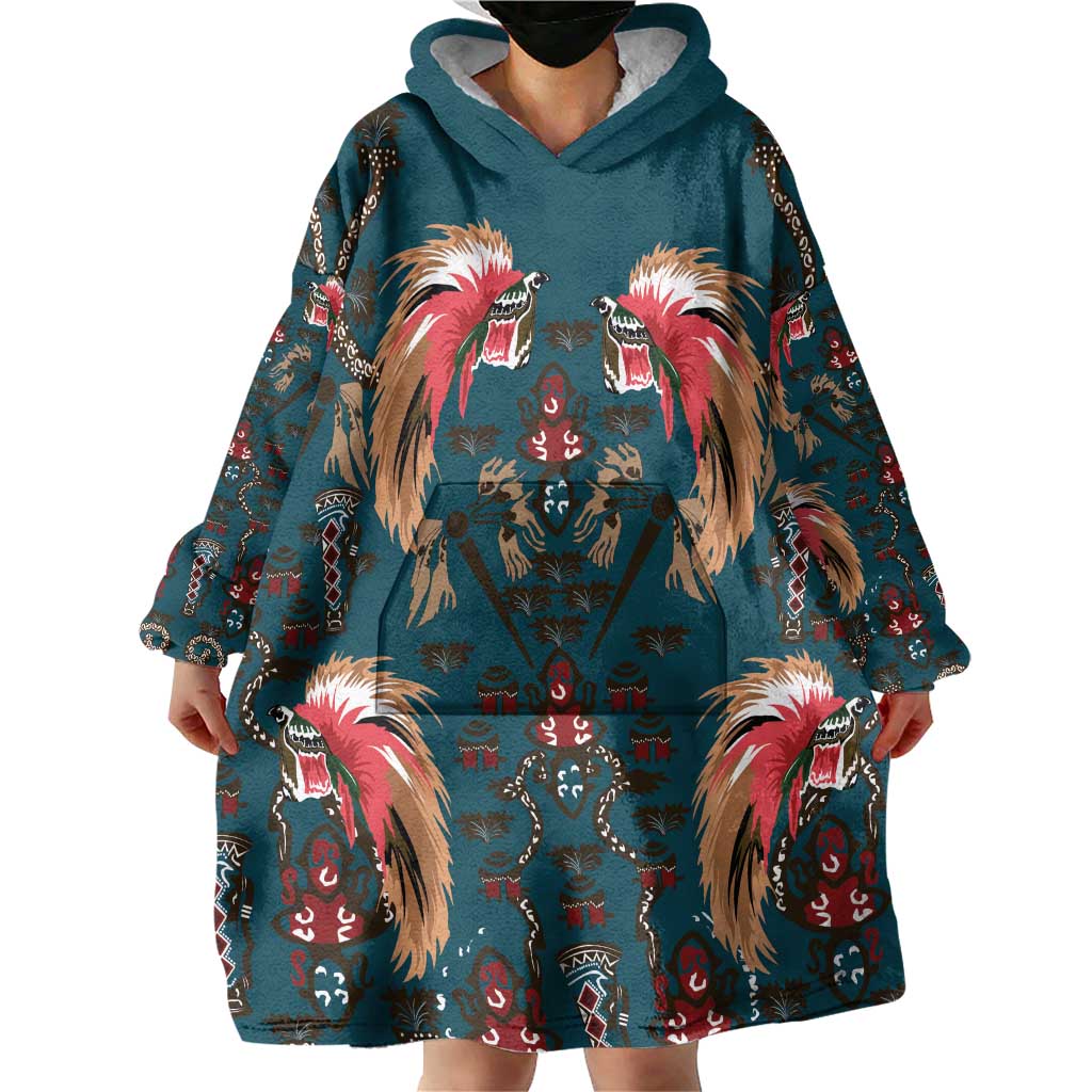 Dark Cyan Blue Bird of Batik Papua Wearable Blanket Hoodie Exotic Natural Wealth of Papua - Polynesian Pride