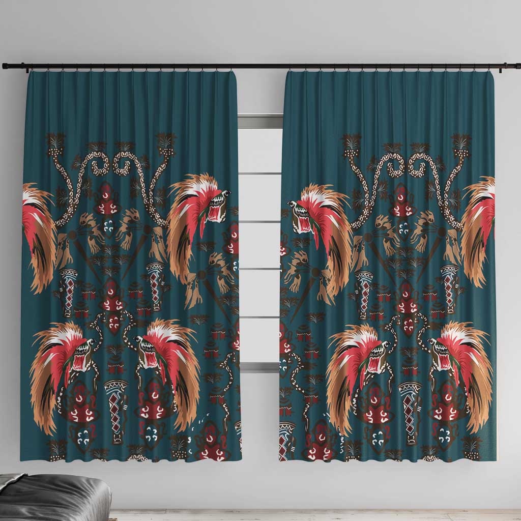 Dark Cyan Blue Bird of Batik Papua Window Curtain Exotic Natural Wealth of Papua LT9 With Hooks Blue - Polynesian Pride
