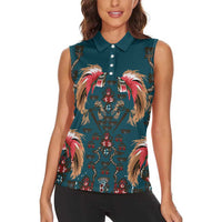Dark Cyan Blue Bird of Batik Papua Women Sleeveless Polo Shirt Exotic Natural Wealth of Papua LT9 - Polynesian Pride