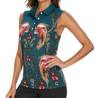 Dark Cyan Blue Bird of Batik Papua Women Sleeveless Polo Shirt Exotic Natural Wealth of Papua LT9 - Polynesian Pride