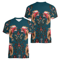 Dark Cyan Blue Bird of Batik Papua Women V-Neck T-Shirt Exotic Natural Wealth of Papua LT9 - Polynesian Pride