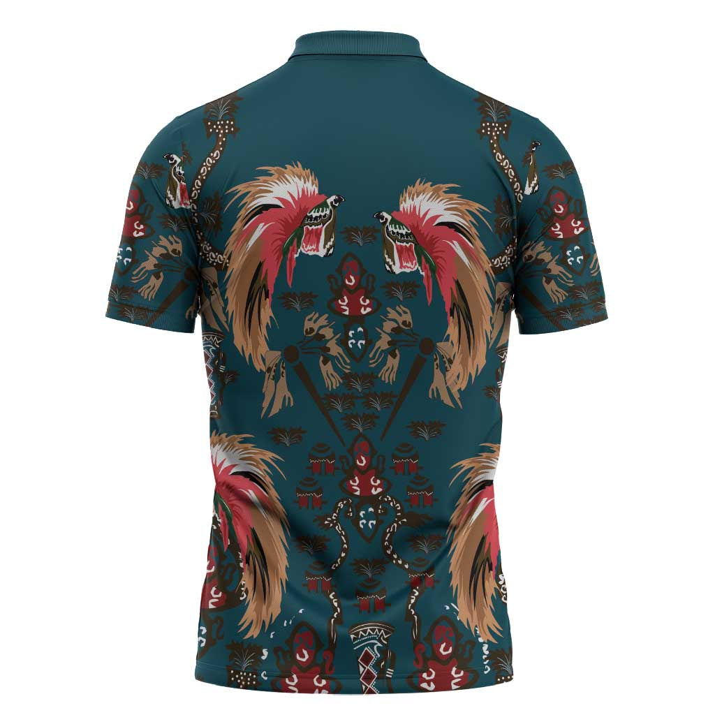 Dark Cyan Blue Bird of Batik Papua Zipper Polo Shirt Exotic Natural Wealth of Papua LT9 - Polynesian Pride