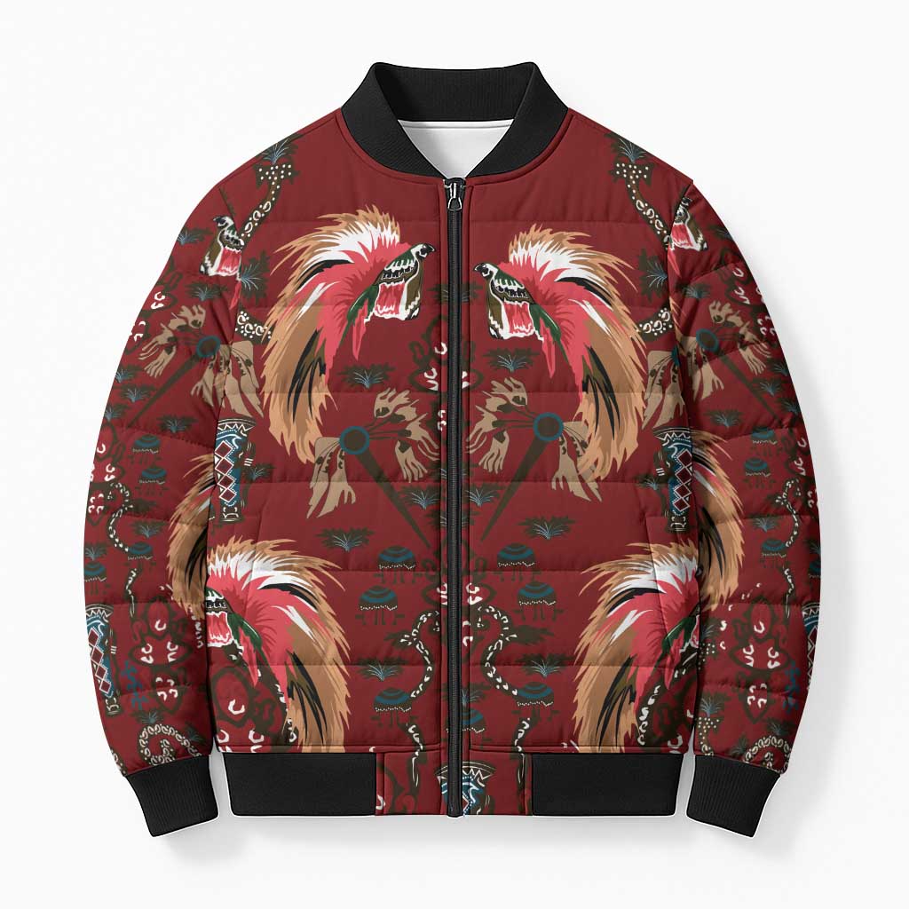 Oxblood Bird of Batik Papua Bomber Puffer Jacket Exotic Natural Wealth of Papua LT9 Unisex Red - Polynesian Pride