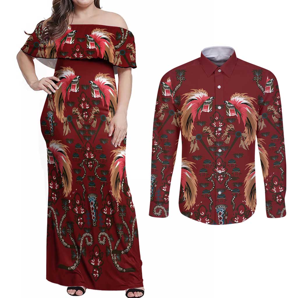 Oxblood Bird of Batik Papua Couples Matching Off Shoulder Maxi Dress and Long Sleeve Button Shirt Exotic Natural Wealth of Papua LT9 Red - Polynesian Pride