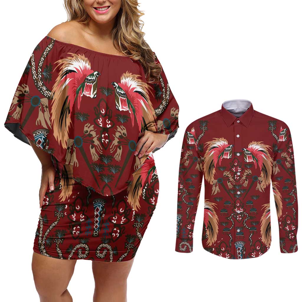 Oxblood Bird of Batik Papua Couples Matching Off Shoulder Short Dress and Long Sleeve Button Shirt Exotic Natural Wealth of Papua LT9 Red - Polynesian Pride