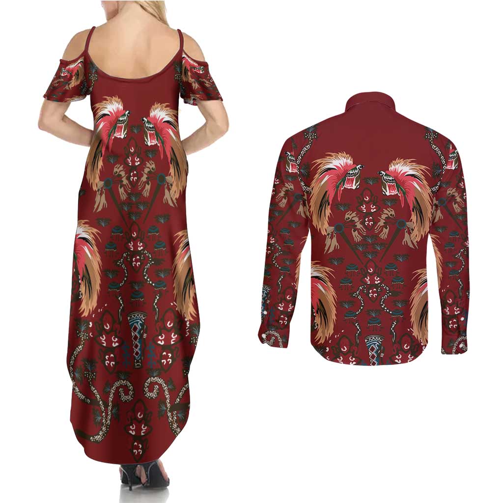 Oxblood Bird of Batik Papua Couples Matching Summer Maxi Dress and Long Sleeve Button Shirt Exotic Natural Wealth of Papua LT9 - Polynesian Pride