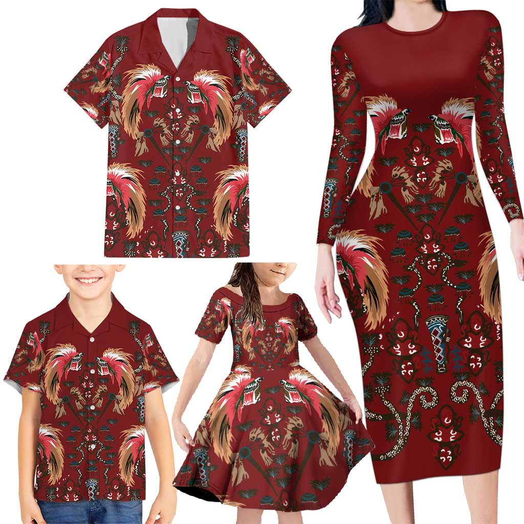 Oxblood Bird of Batik Papua Family Matching Long Sleeve Bodycon Dress and Hawaiian Shirt Exotic Natural Wealth of Papua - Polynesian Pride