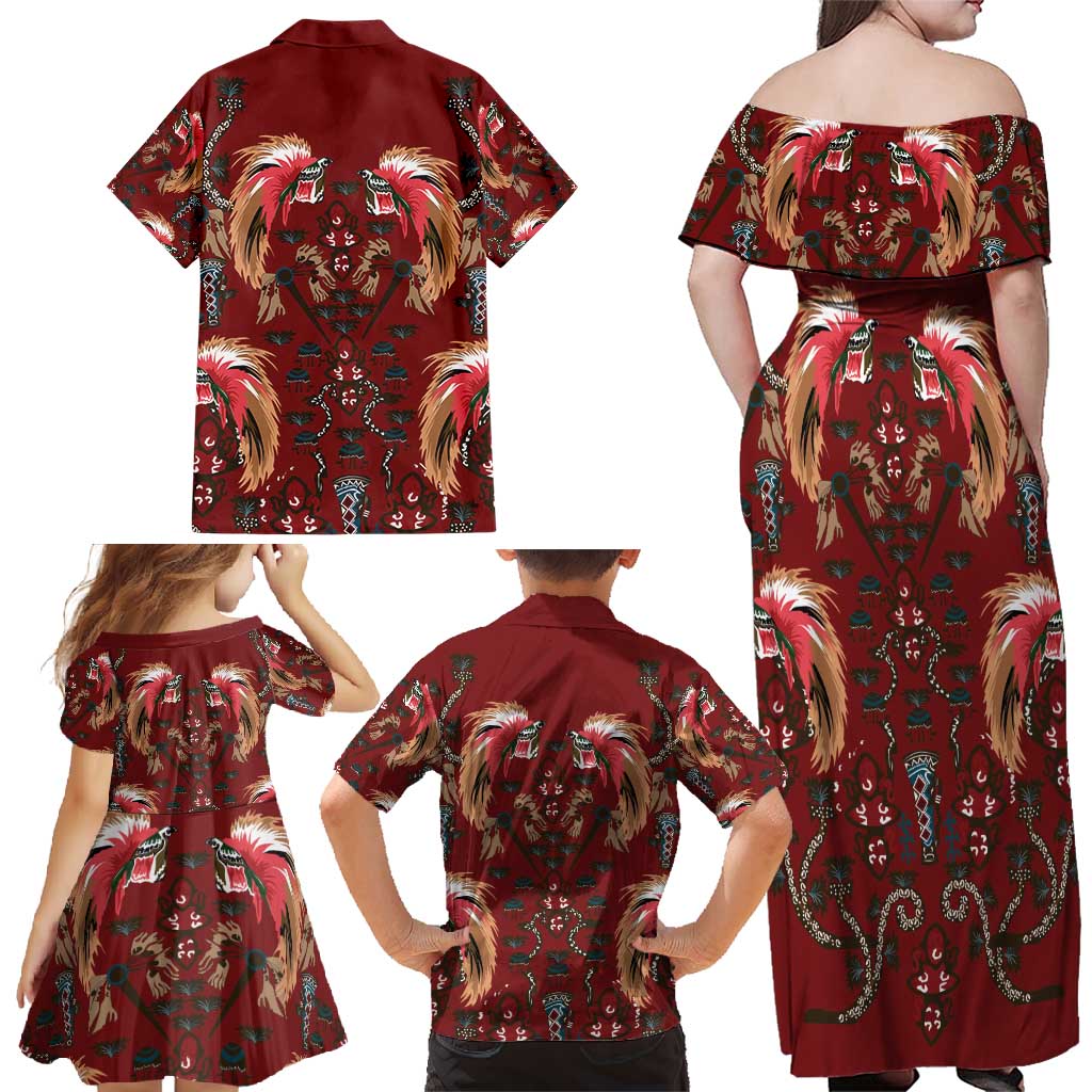 Oxblood Bird of Batik Papua Family Matching Off Shoulder Maxi Dress and Hawaiian Shirt Exotic Natural Wealth of Papua - Polynesian Pride