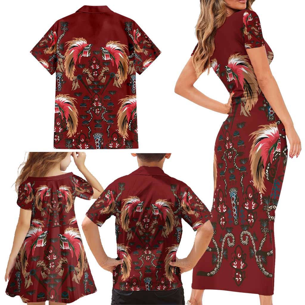 Oxblood Bird of Batik Papua Family Matching Short Sleeve Bodycon Dress and Hawaiian Shirt Exotic Natural Wealth of Papua - Polynesian Pride